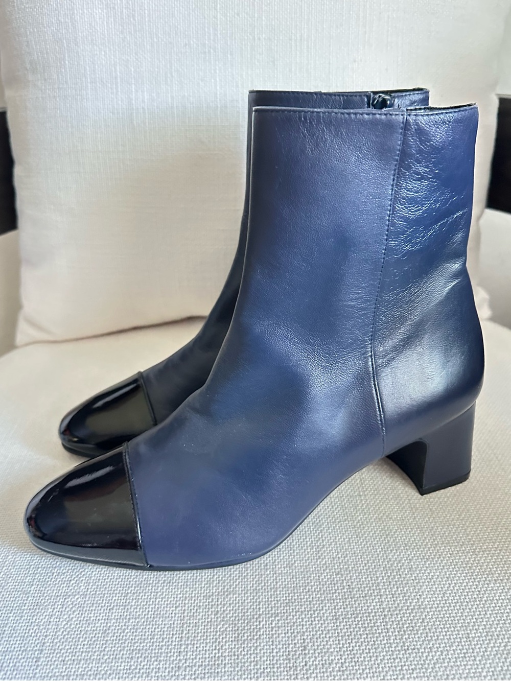 Stuart Weitzman Navy Leather Ankle Boots with Black Patent Toe